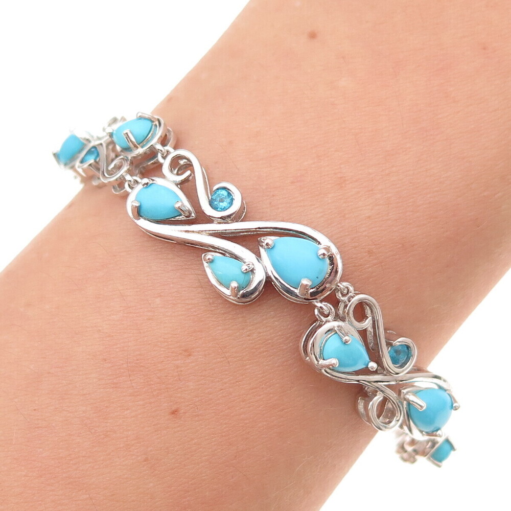 925 Sterling Silver Real Turquoise & Apatite Adjustable Box Link Bracelet 7-9"
